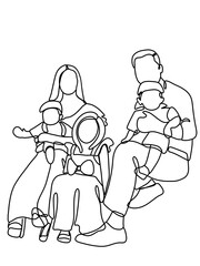 Continuous black white line drawing of a family of five, father, mother, daughter, son, baby, toddler, parents, minimalist art. Ideal for parenting theme, love, affection, contemporary artwork