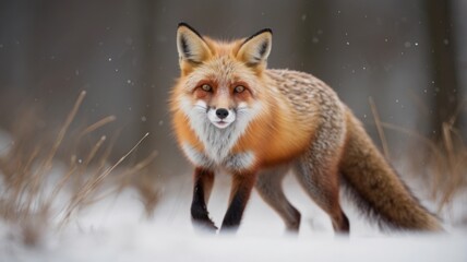 Red fox foraging for food in winter