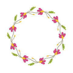 Vector wreath of leaves and wildflowers. Botanical frame. Template for a postcard. Green circle of leaves and flowers. Concept of spring and summer holiday invitation.