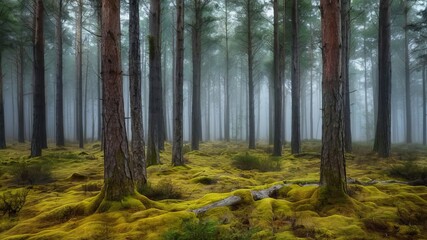 A moss-covered pine forest on a foggy day