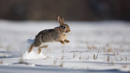 Obraz premium A wild hare is hopping in a snow-covered field.