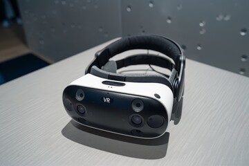 Obraz premium Sleek VR headset on a grey textured surface, showcasing modern design and virtual reality technology, minimalistic and high-tech.