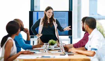 Fototapeta premium Business woman, talking and screen for presentation, planning strategy and project feedback in creative agency. Female person, speaker and monitor for budget report, sales analysis and staff training