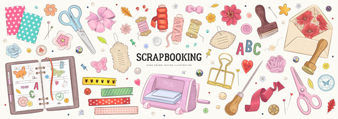 Collection of hand drawn art supplies for scrapbooking isolated on background. Set of scrapbook or planner decoration elements. Stickers, stamp, tape. Vector illustration