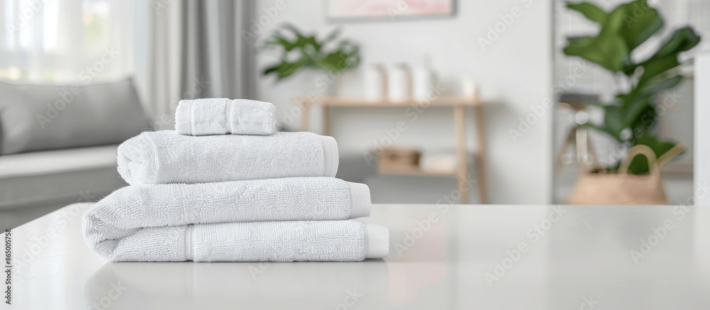 Canvas Prints White towels neatly arranged on a white table with empty space against a blurred living room backdrop, ideal for showcasing products.