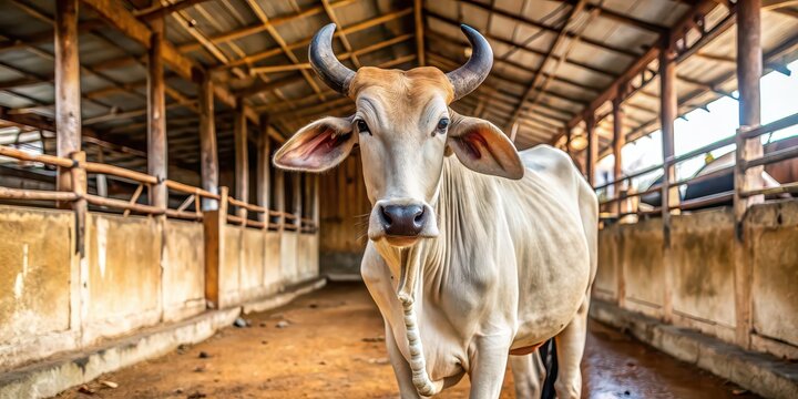 Indian Brahmin cow zebu happily standing in the cowshed , cattle, livestock, agriculture, Indian breed, farm animal