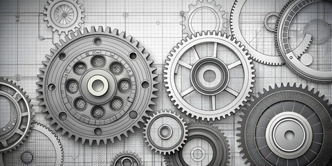 Technical drawing of gears seen from a top angle in black, white, and grey, mechanical, engineering, machinery, cogwheel