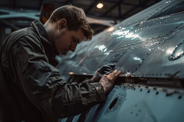 A technician in coveralls is inspecting and repairing a damaged wing on an airplane inside a hangar, A technician in coveralls inspecting a damaged wing of an airplane