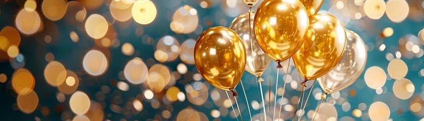 Happy 50th birthday, gold helium 50 birthday balloons on a birthday cake, bright celebration setting