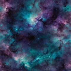 Fototapeta premium Mesmerizing cosmic scene showcases vibrant nebula with swirling clouds of gas, dust in shades of teal, purple, black. Nebula's intricate patterns, textures create sense of depth, movement.