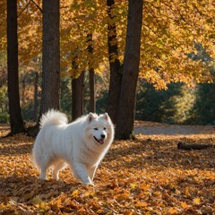 Fototapeta premium Fluffy white dog walking through forest filled with autumn leaves. Dog appears happy, content, with its tongue slightly out, joyful expression. Forest bathed in warm sunlight.