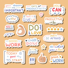 Big colorful doodle stickers set with lettering with motivational, cheering phrases for planners, notebooks. Ready for print list of cute stickers. Inspirational typography for good job, result.