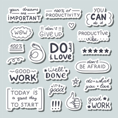 Big doodle stickers set with handwritten lettering with motivational, cheering phrases for planners, notebooks. Ready for print list of cute stickers. Inspirational typography for good job, result.