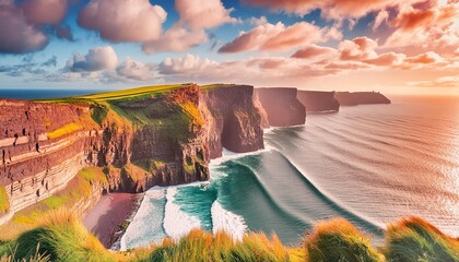 Capture the dramatic coastline of the Cliffs of Moher in Ireland, with sheer cliffs plunging into the Atlantic Ocean and waves crashing below.