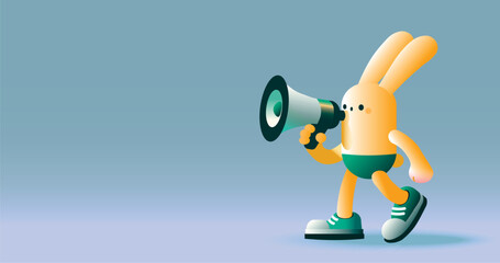 Cartoon funny rabbit with megaphone, discount banner mascot, copy space, vector illustration