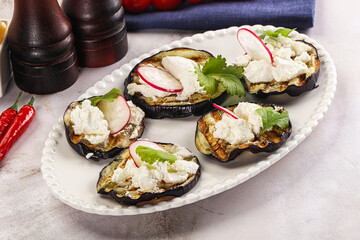 Grilled eggplant with cheese and radish
