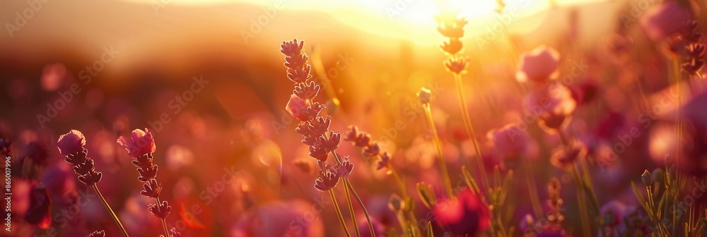 Poster a field of lavender bathed in the golden light of dawn. generative ai