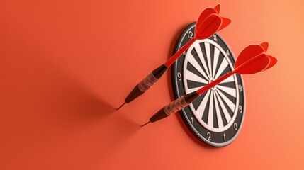 Two darts hit the bullseye of a dartboard