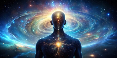 A being made of galaxies and stars, faceless and mysterious, like a portal to another dimension, galaxies, stars, universe