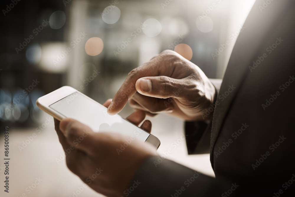 Poster hands, businessman and smartphone screen for communication, networking and connection. person, inter