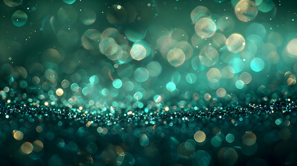 abstract glitter sparkle light bokeh background,glowing teal green blue texture,generative ai