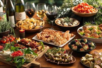 Various plates of appetizers and hors doeuvres arranged on a wooden table, showcasing a tempting array of dishes, A tempting array of appetizers and hors d'oeuvres
