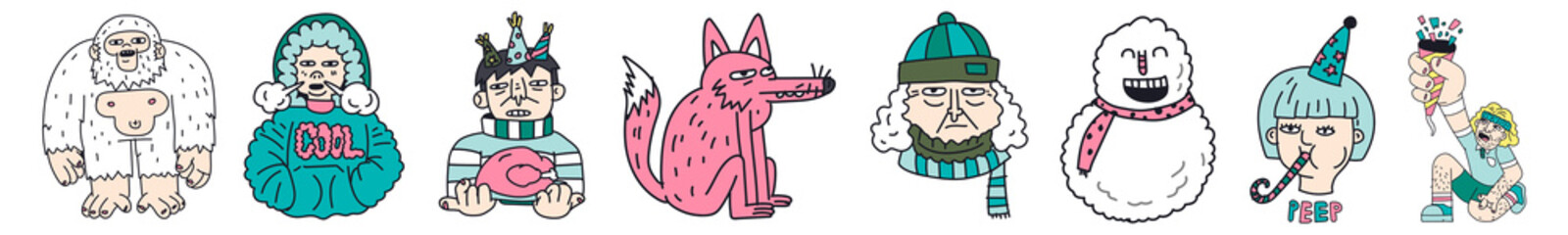 Quirky cartoon characters in winter attire png set