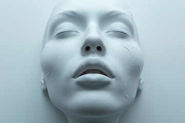White woman face on white background with closed eyes, sensation. Milk waves.