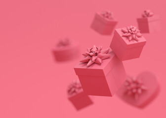 Gift boxes with ribbon and bow for Christmas flying and falling on monochrome