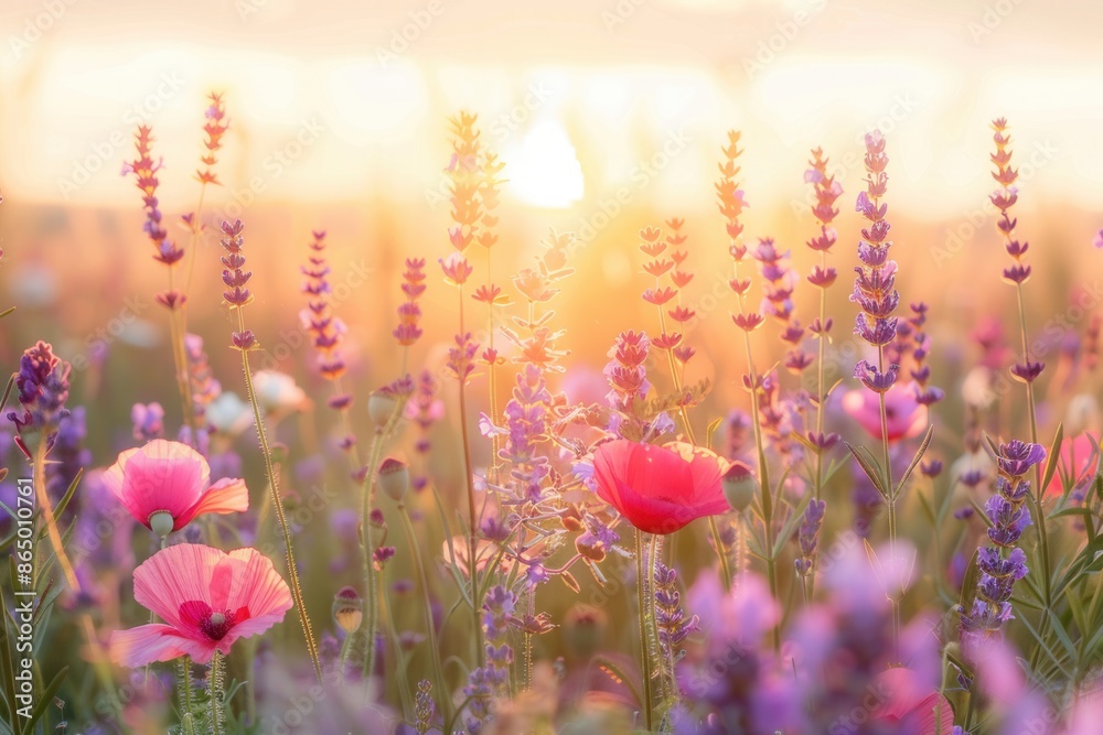 Poster a field of lavender and poppies bathed in the warm glow of the rising sun. generative ai