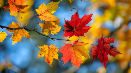 beautiful red, yellow autumn maple leaves in blurred background,close-up of maple tree with vibrant red autumn leaves,generative ai