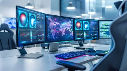 Fototapeta premium High-tech home office with a futuristic desk, ergonomic gaming chair, and multiple monitors.