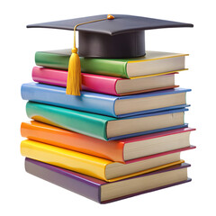 Stack of different colored books with a graduation cap Isolated on white background