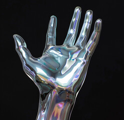 3d render holographic abstract futuristic design idea. Colorful paint textured transparent liquid hand, 3d rendering concept. on black background.