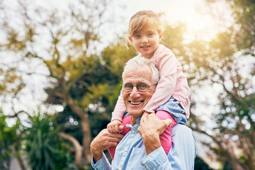Portrait, grandfather or kid outdoor on shoulder for bonding, connection or playful with smile....