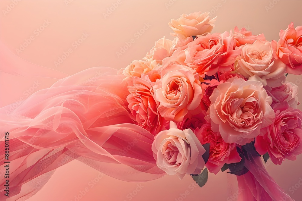 Canvas Prints alluring japanese-inspired rose wedding bouquet caught in graceful mid-air motion with billowing sat