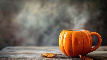 Orange pumpkin shaped mug with hot coffee on a wooden surface with fall leaves copy space. Cozy autumn concept 