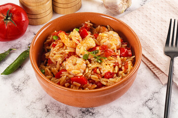 Italian pasta orzo with prawn