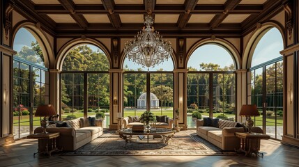 A grand living room with a vaulted ceiling, a crystal chandelier, and a wall of arched windows with a view of a grand formal garden