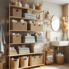 A photograph showcasing a shelf filled with various towels and baskets, creating a functional and organized storage display.