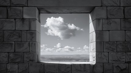 Minimalist architectural detail, such as a lone window in an old stone wall, with a view of the sky