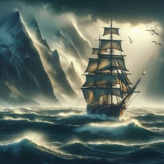 Fototapeta premium A sailing ship navigates through rough waters, facing the challenges of the stormy sea on its adventurous voyage.