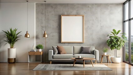 Contemporary modern home space with clean minimalist interior featuring frame mockup in rendering, modern, home, minimalist