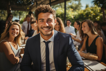 Fototapeta premium young happy businessman sitting at cafe