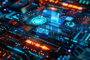 Detailed view of a computers circuit board showing intricate electronic components and pathways, A textbook with a futuristic holographic cover
