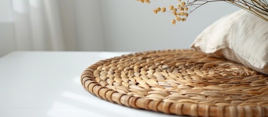 Fototapeta premium Contemporary wicker rug on a white backdrop.