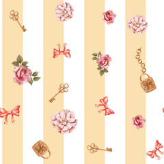 Obraz premium Gentle Pattern of golden key, lock, pink roses, ribbon on yellow striped background for decorative paper, textile, wallpaper, print. A children's composition from individual elements of a fairy tale