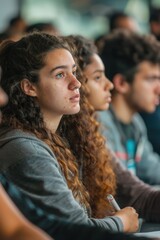 Obraz premium 18. Portrait of a diverse group of students taking notes during a lecture, natural lighting, focused expressions, classroom setting