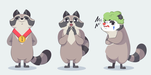 Grey and black racoon cartoon character set. Vector funny amusing wild animal with in different poses - standing proud with winner first place medal, excited and dissatisfied in clown wig and makeup.
