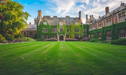 Obraz premium front lawn at an Ivy League university with green grass and hedges, large old building with vine-covered garden walls in the background against blue sky during golden hour